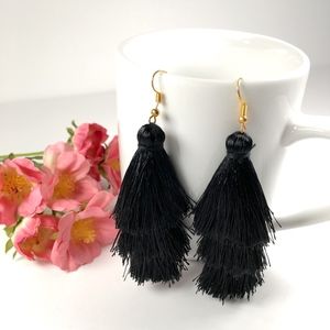 Black Tiered Tassel Drop Dangle Earrings